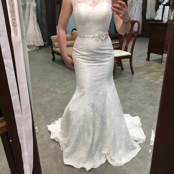 SAMPLE Chantilly Lace Backless Wedding Dress, Ivory Mermaid Fit and Flare Sexy - Picture 11 of 12